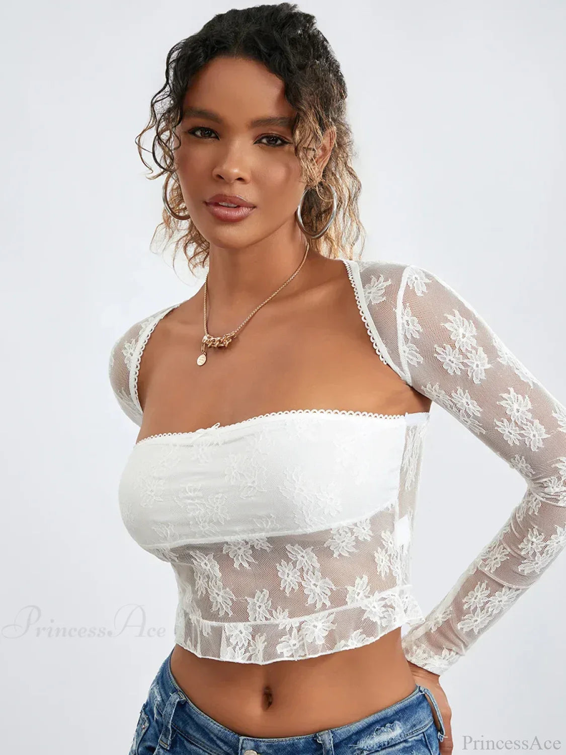 Lace Shrug Two-piece Floral Sheer Mesh Crop Outfit image 3