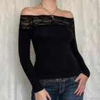 Lace Slash Neck Knit Top image 2