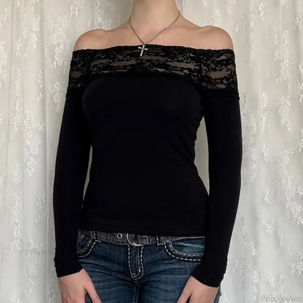 Lace Slash Neck Knit Top image 1