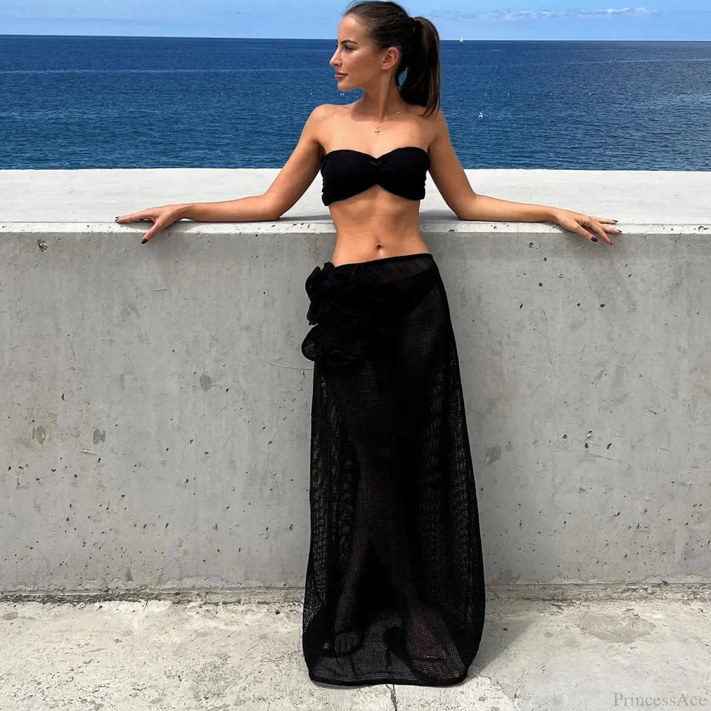 Lace Solid Strappy Skirt Three Piece Swimsuit image 5