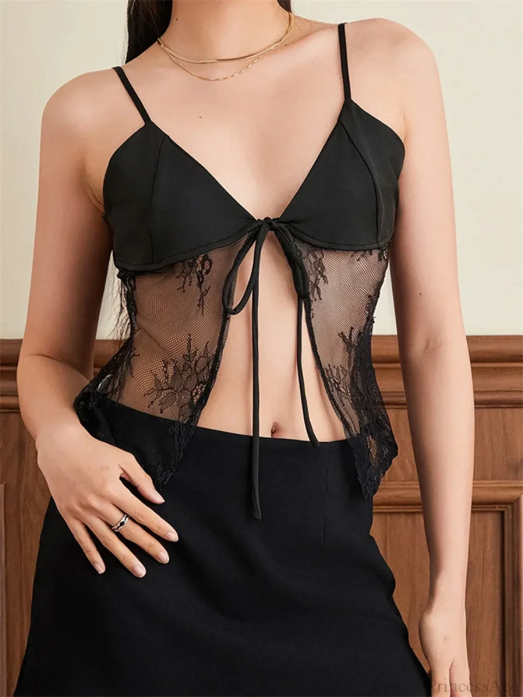 Lace Spaghetti Strap Split See-through Crop Top image 3