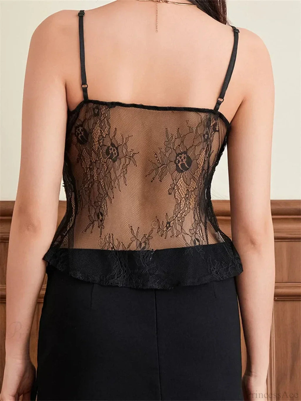 Lace Spaghetti Strap Split See-through Crop Top image 5