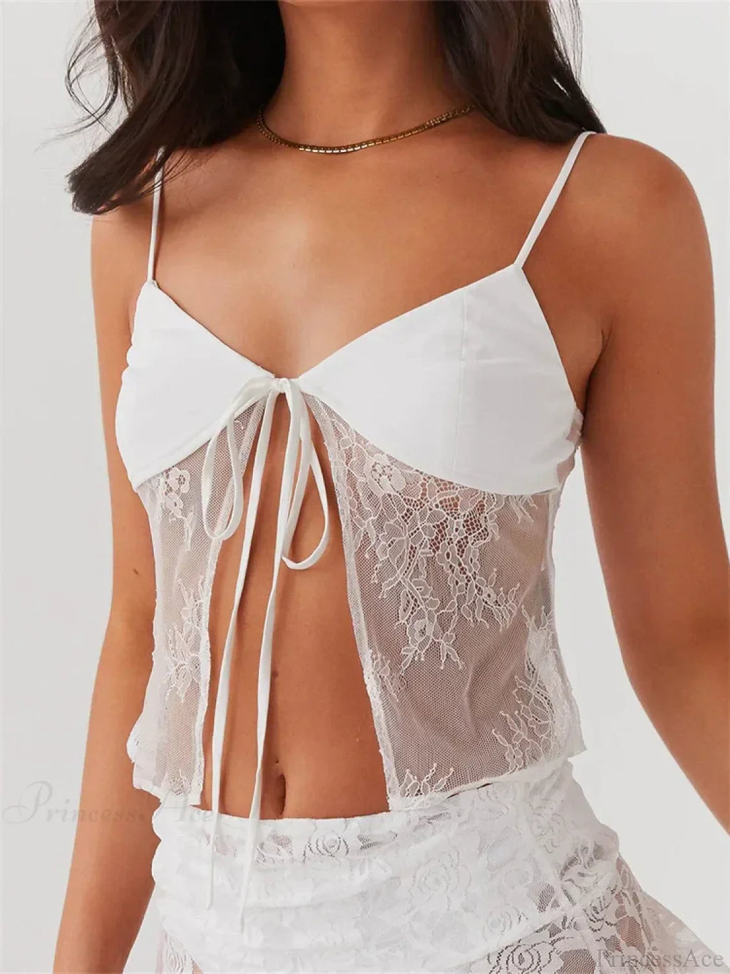 Lace Spaghetti Strap Split See-through Crop Top image 1