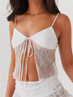 Lace Spaghetti Strap Split See-through Crop Top image 1