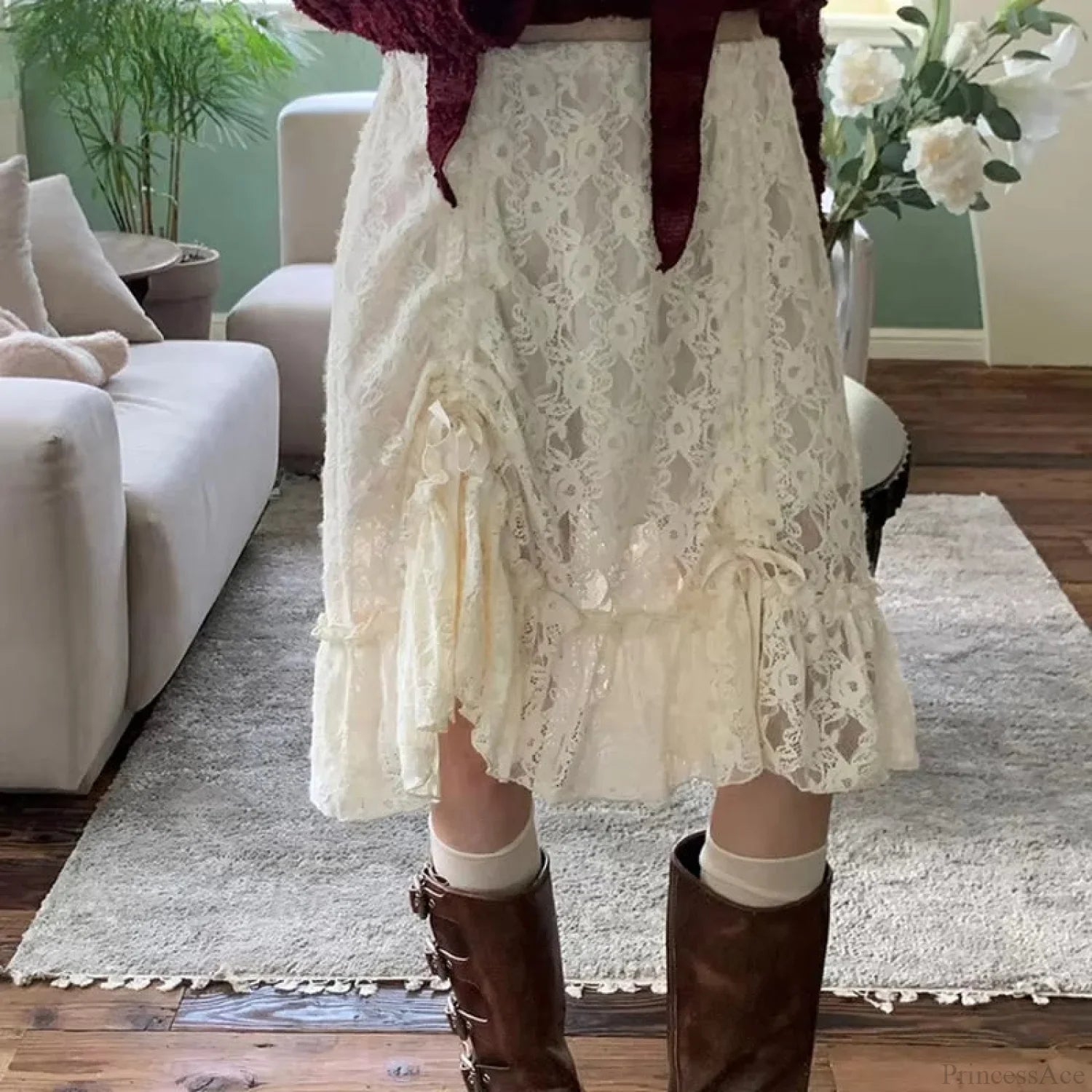 Lace Transparent Vintage Drawstring Bandage Skirt image 1