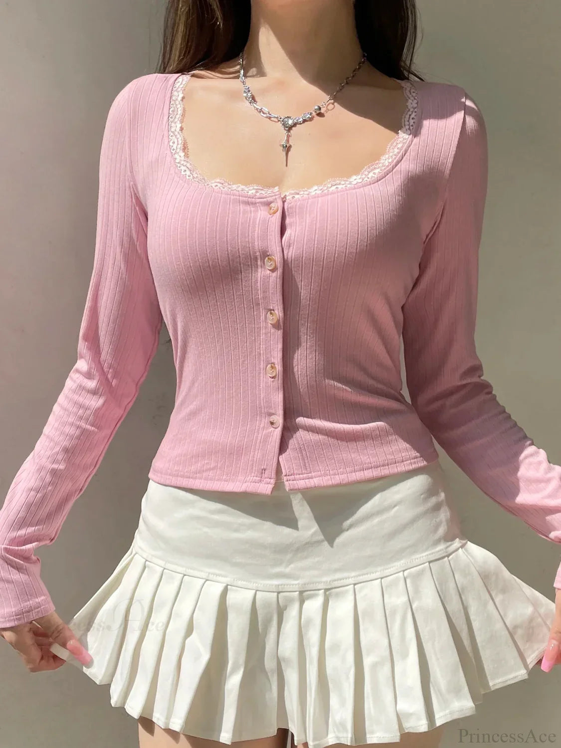 Lace Trim Cropped Slim Square Collar Long Sleeve Knit Top image 2