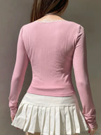 Lace Trim Cropped Slim Square Collar Long Sleeve Knit Top image 3