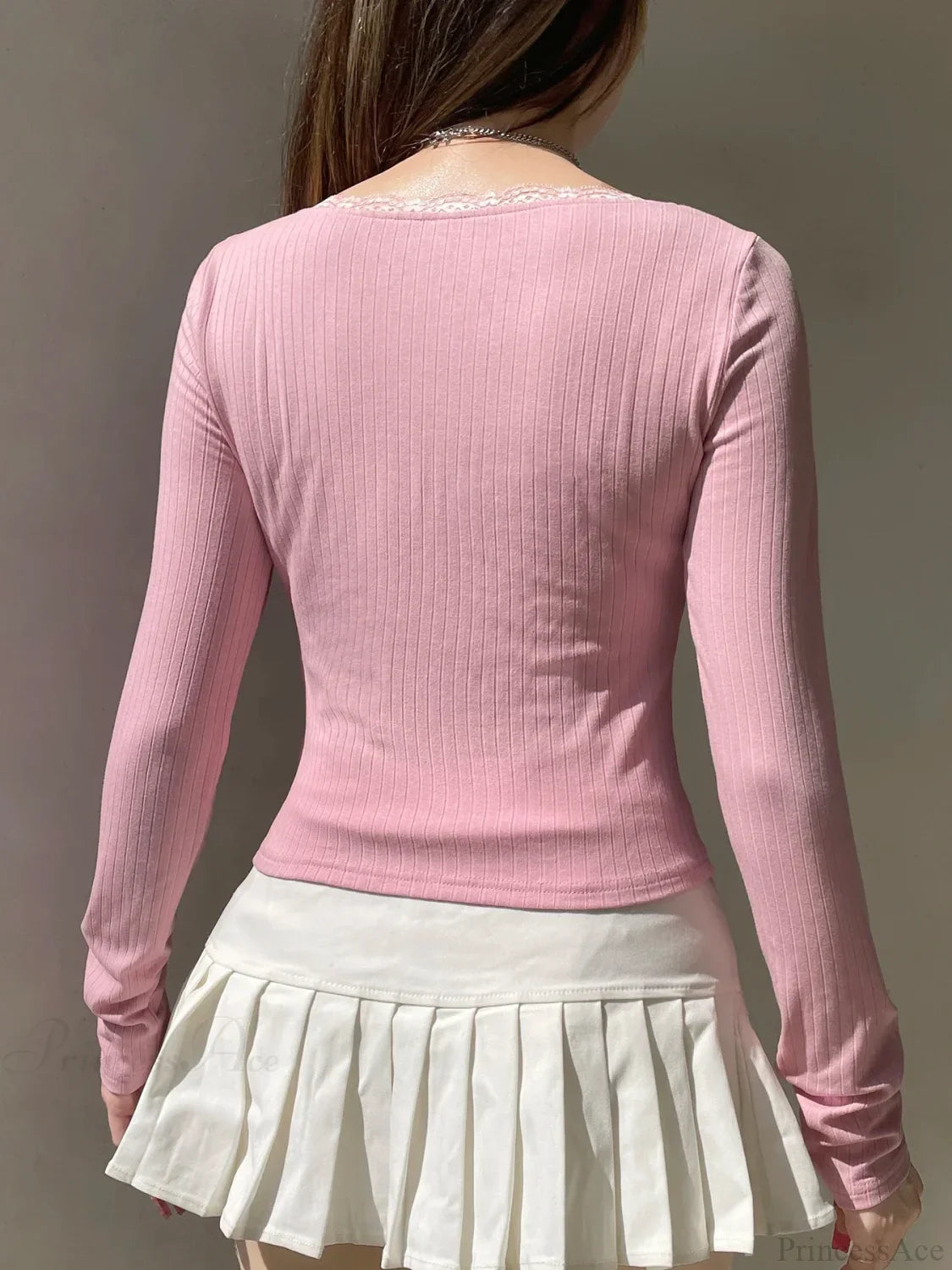 Lace Trim Cropped Slim Square Collar Long Sleeve Knit Top image 3