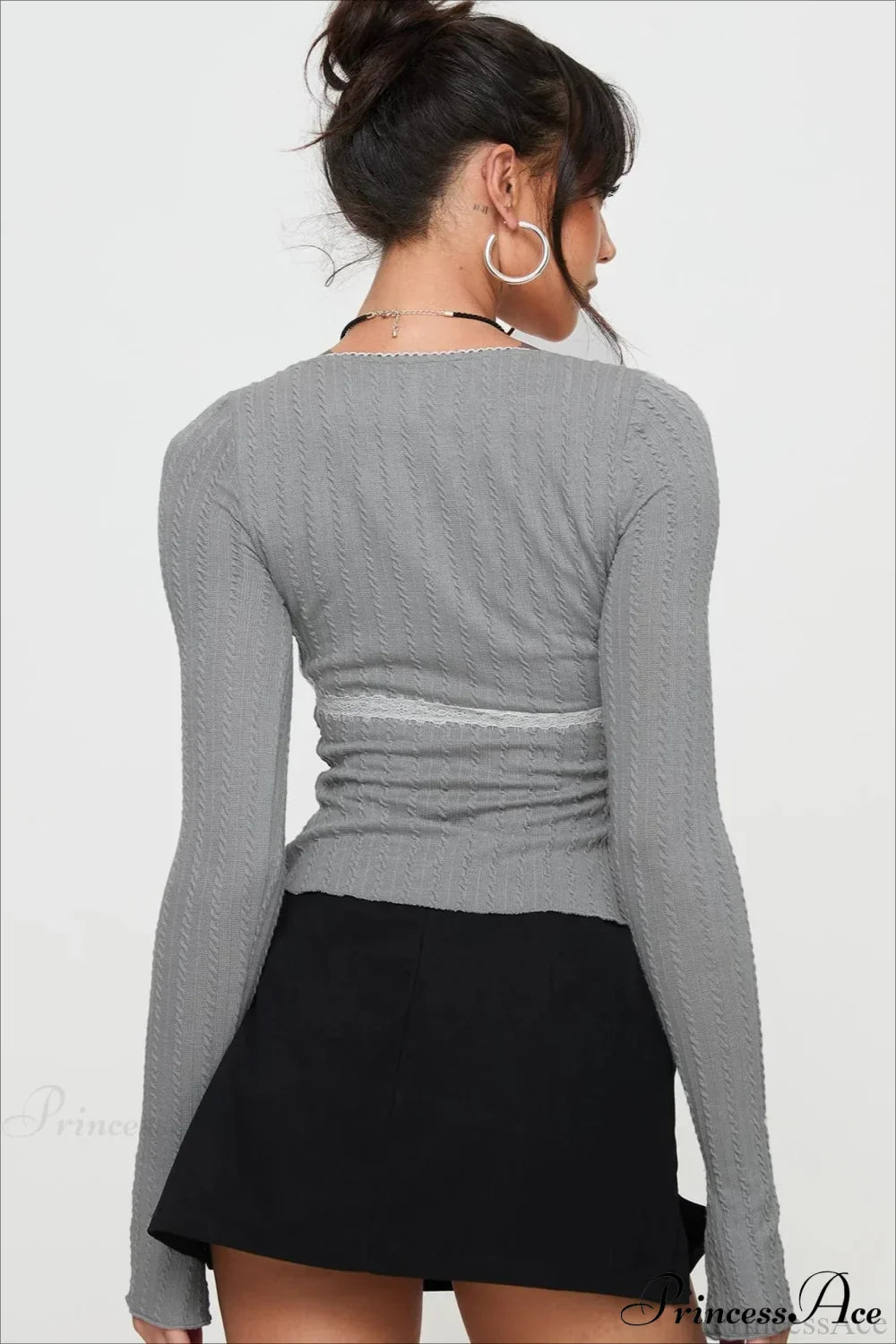 Lace Trim Fitted Cropped Long-Sleeve Knit Top image 3