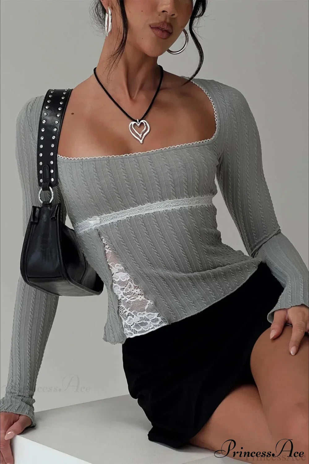 Lace Trim Fitted Cropped Long-Sleeve Knit Top image 2
