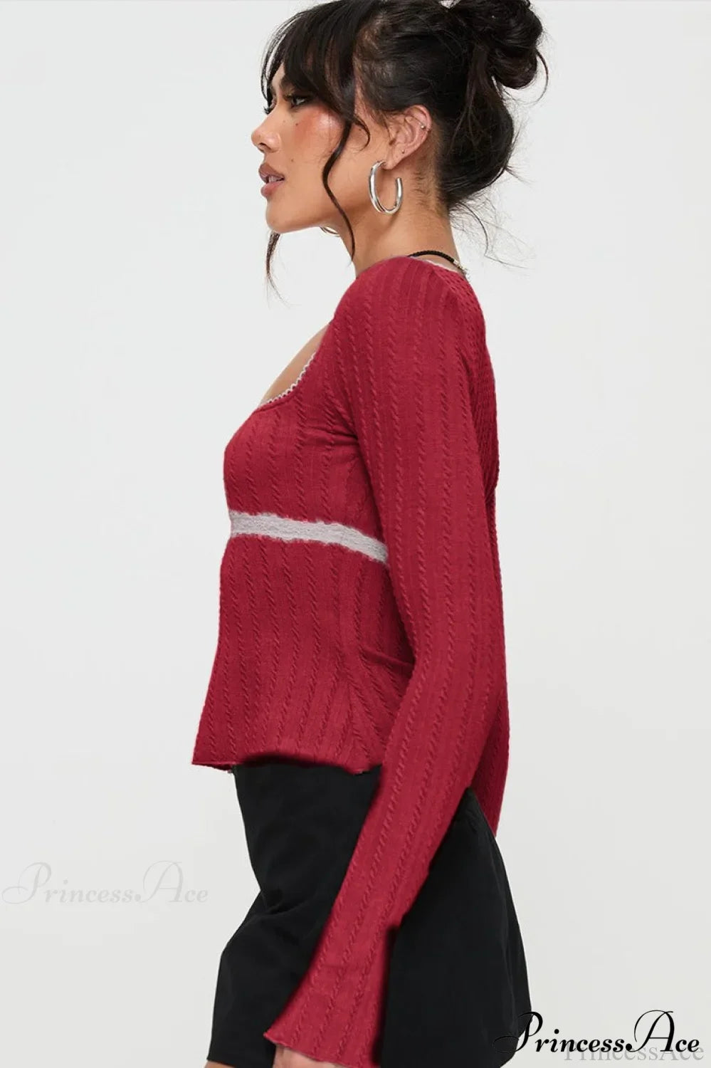 Lace Trim Fitted Cropped Long-Sleeve Knit Top image 7