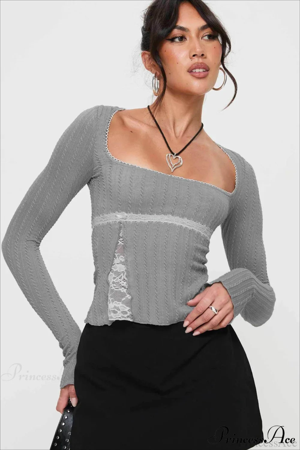 Lace Trim Fitted Cropped Long-Sleeve Knit Top image 1