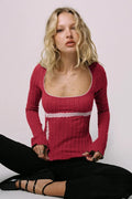 Lace Trim Fitted Cropped Long-Sleeve Knit Top image 6