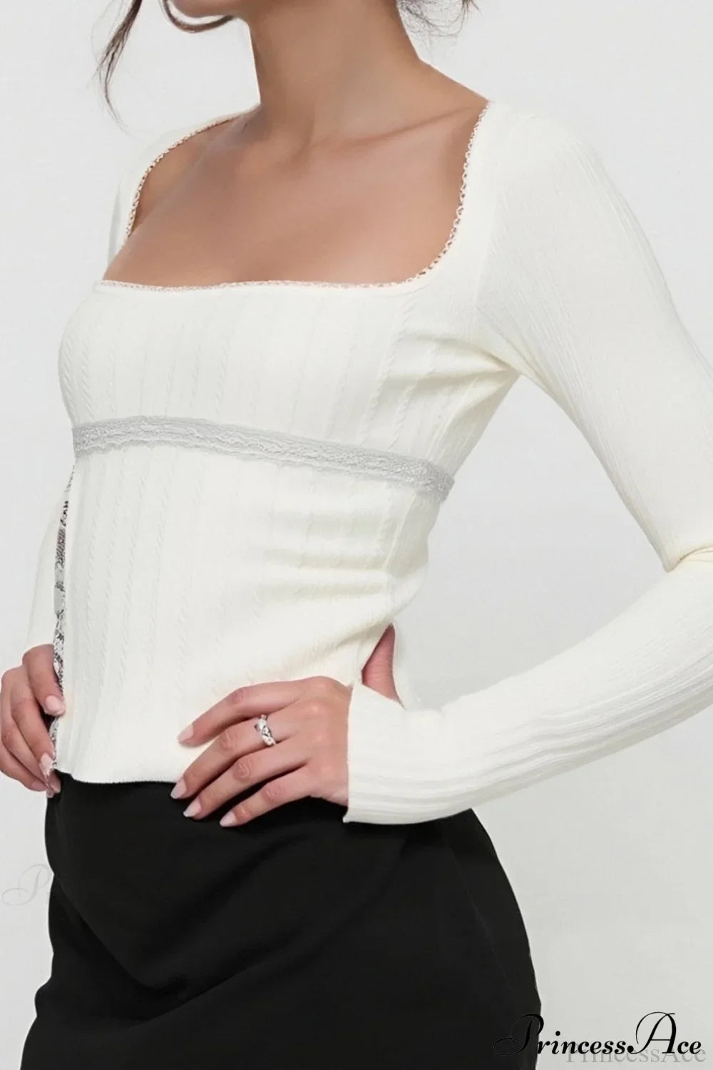 Lace Trim Fitted Cropped Long-Sleeve Knit Top image 8