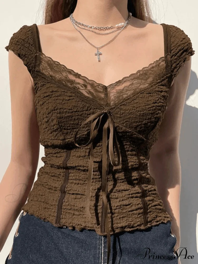 Lace Trim Graceful Buttoned Crop Top image 1
