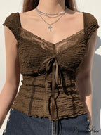Lace Trim Graceful Buttoned Crop Top image 1