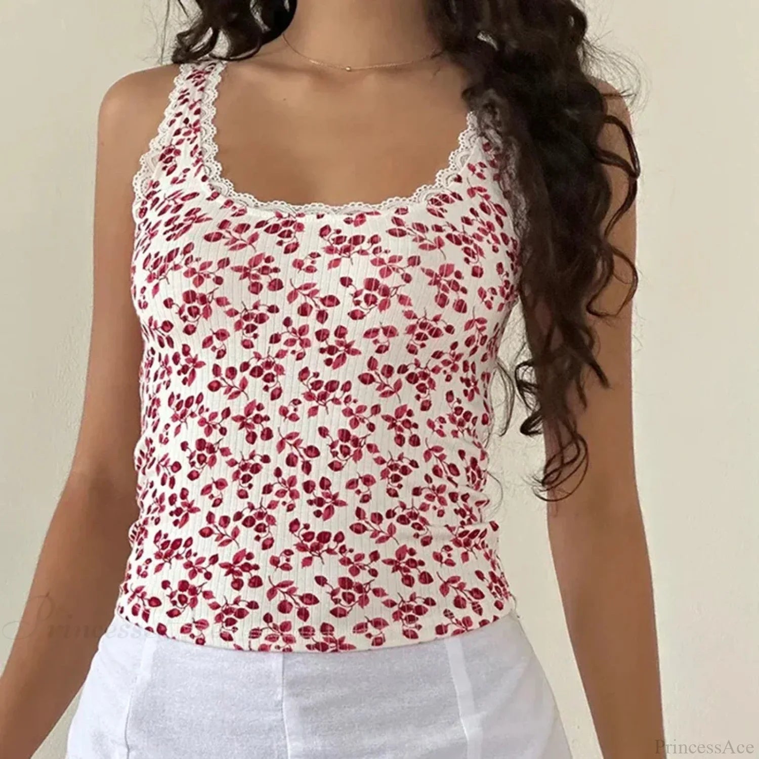 Lace Trim Slim Fit Y2K Summer Floral Sleeveless Casual Basic Crop Top image 2