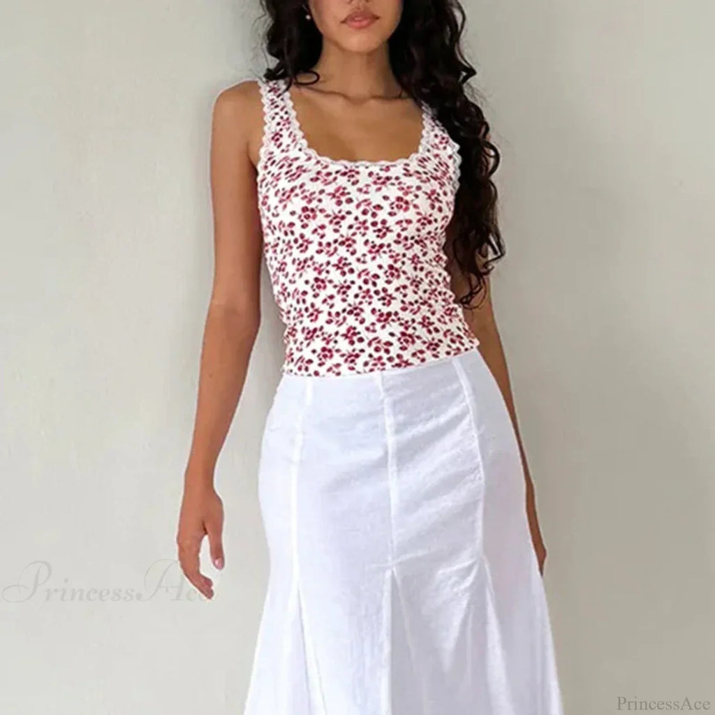 Lace Trim Slim Fit Y2K Summer Floral Sleeveless Casual Basic Crop Top image 6