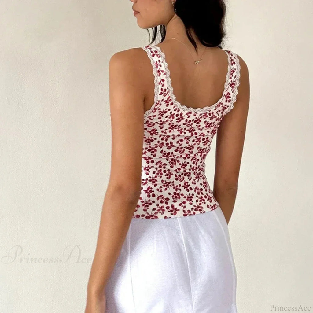 Lace Trim Slim Fit Y2K Summer Floral Sleeveless Casual Basic Crop Top image 3