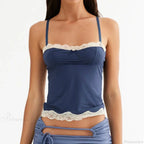 Lace Trim Spaghetti Strap Vintage Slim Crop Top image 2