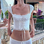 Lace Trim Tie Front Square Neck Crop Top image 1