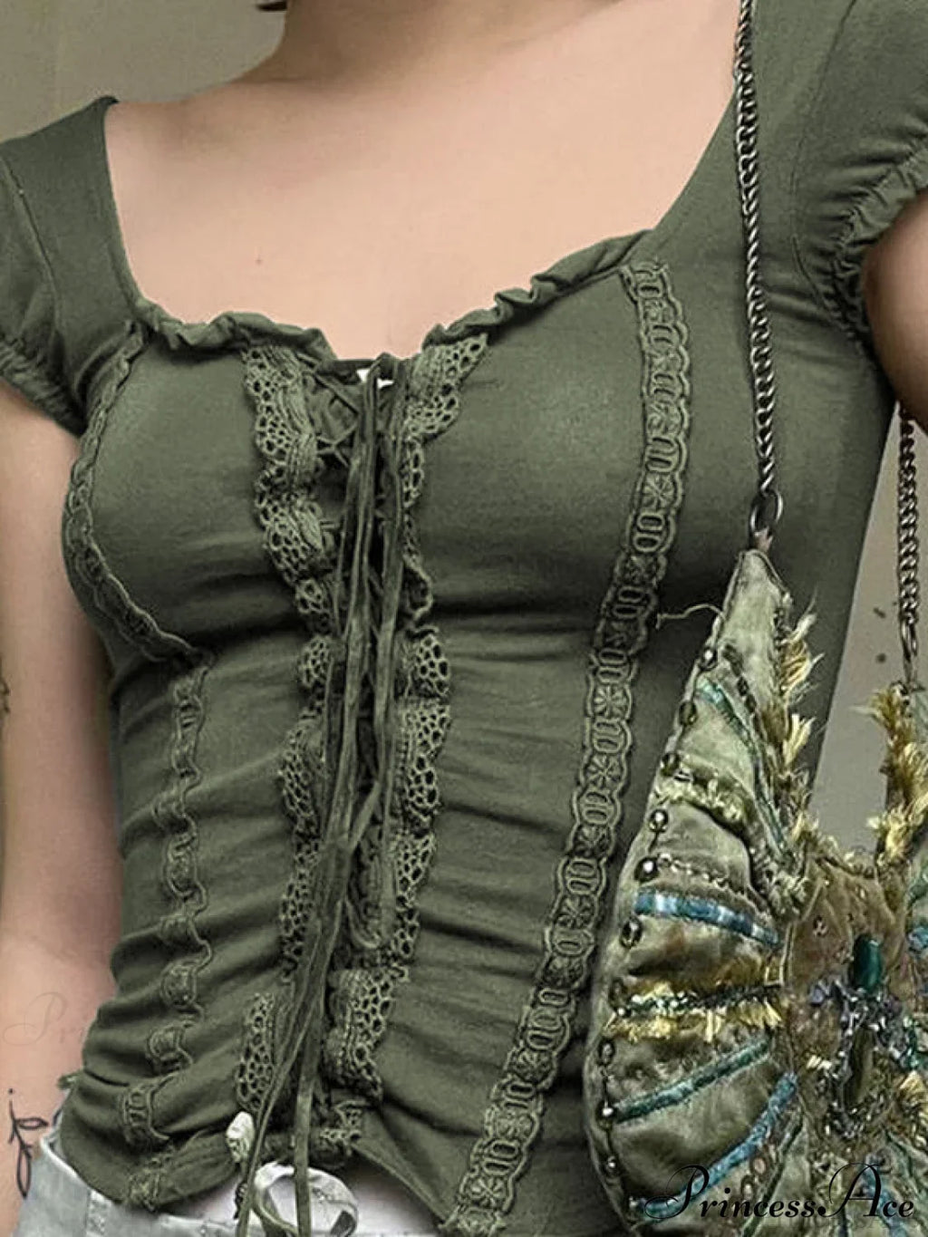 Lace Trim Tie Trendy Front Long Sleeve Blouse image 1