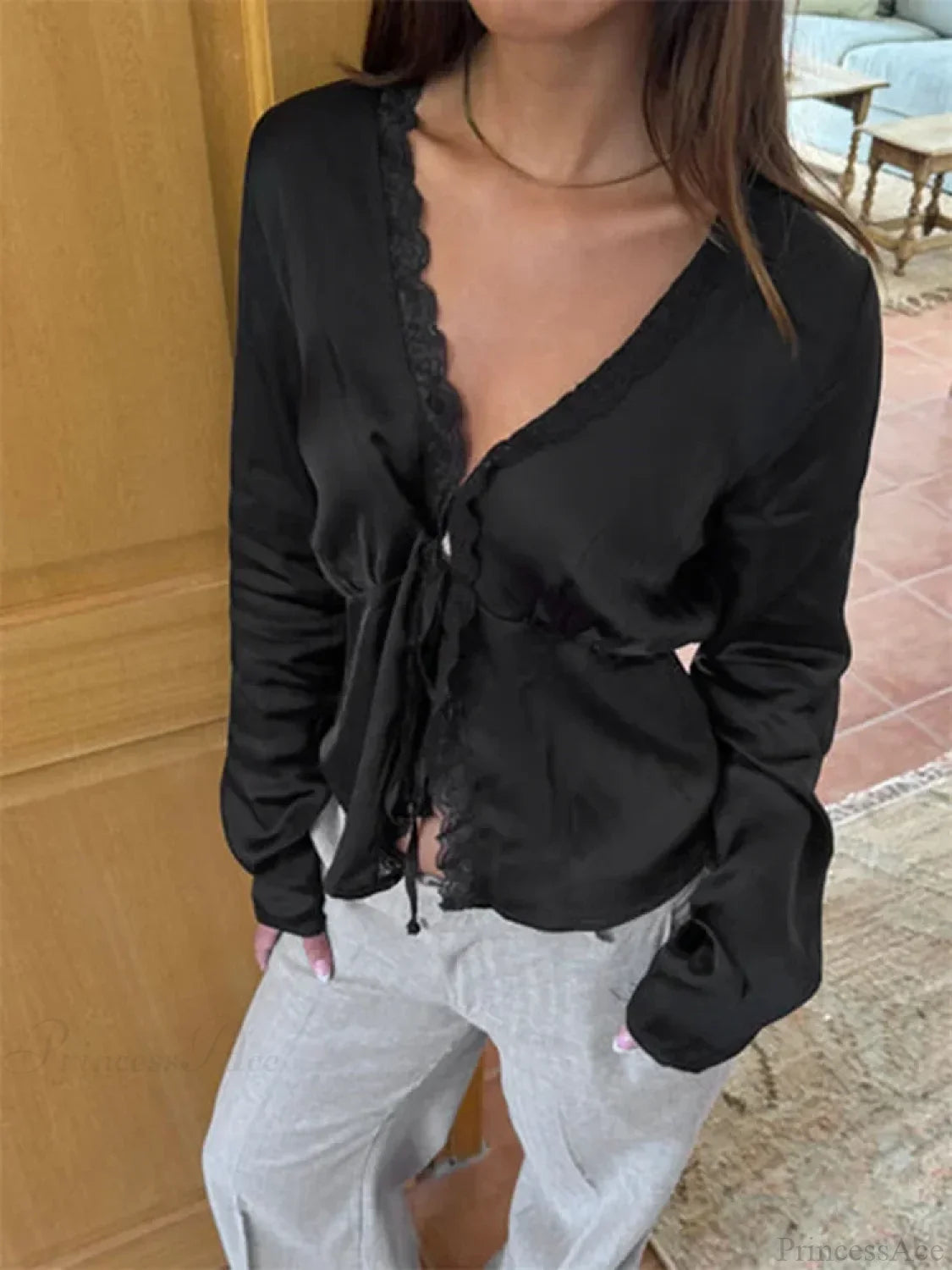 Lace Trim V-neck Tie-Up Blouse image 3