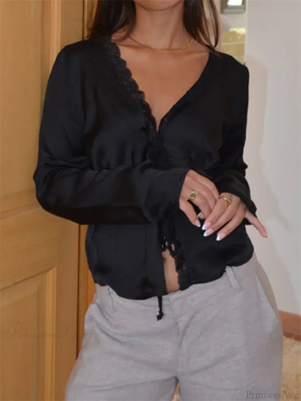 Lace Trim V-neck Tie-Up Blouse image 2