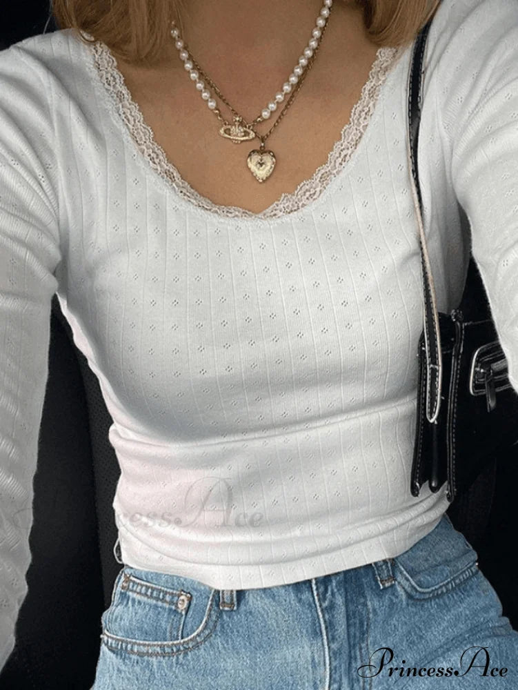 Lace Trim White Trendy Cropped Knit Top image 1