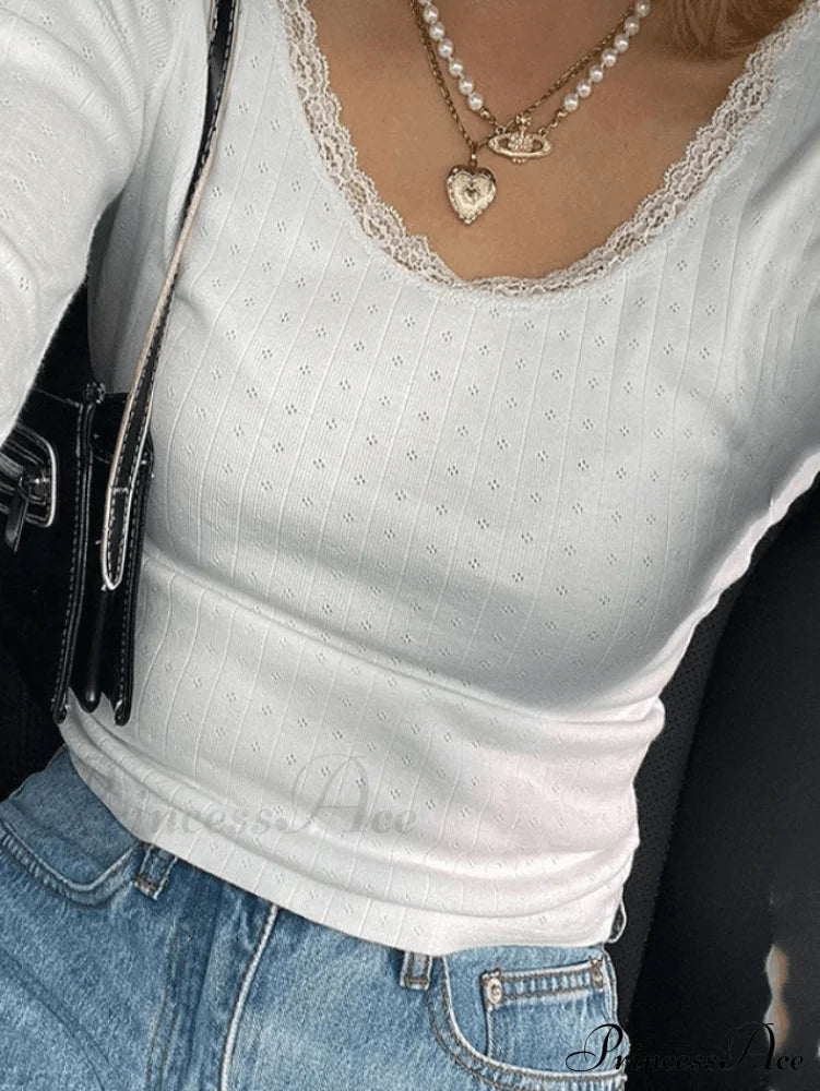 Lace Trim White Trendy Cropped Knit Top image 3