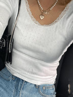 Lace Trim White Trendy Cropped Knit Top image 3