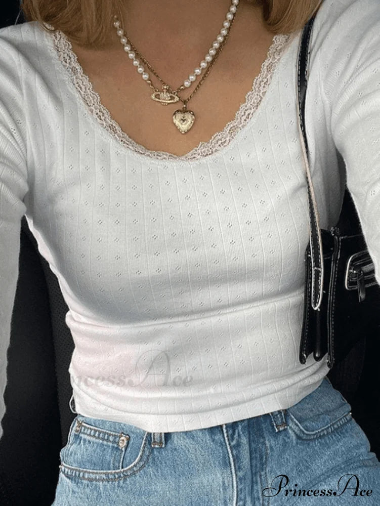 Lace Trim White Trendy Cropped Knit Top image 2