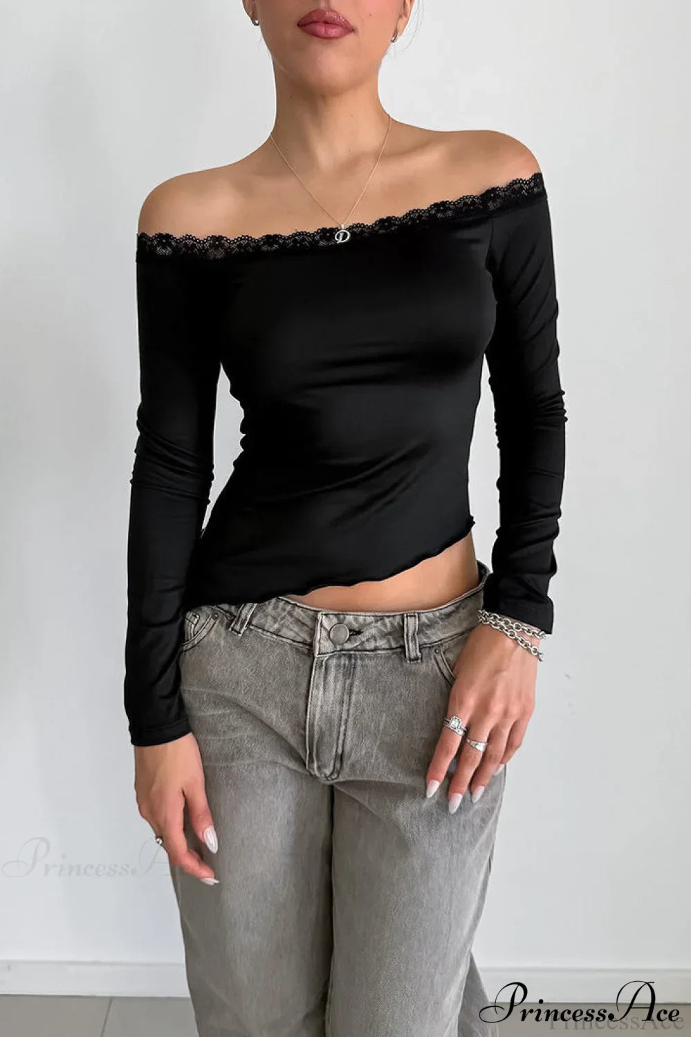 Lace Trimmed Off Shoulder Slim Long Sleeve Tee image 2