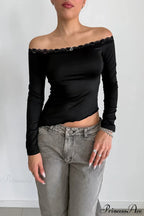 Lace Trimmed Off Shoulder Slim Long Sleeve Tee image 2