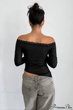 Lace Trimmed Off Shoulder Slim Long Sleeve Tee image 3