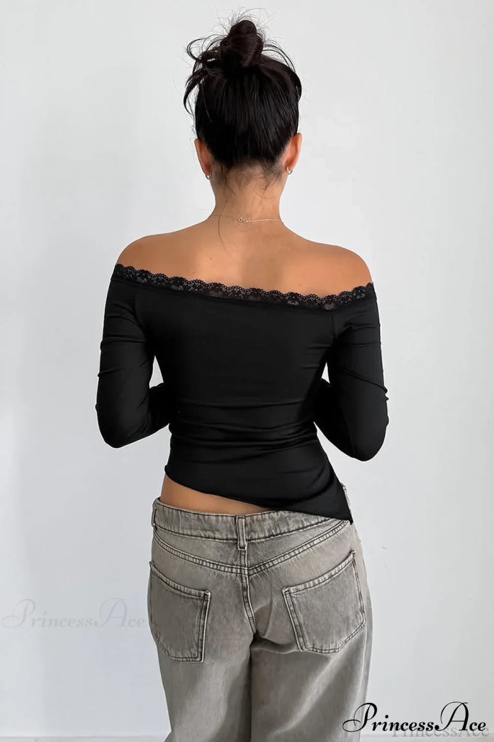 Lace Trimmed Off Shoulder Slim Long Sleeve Tee image 3