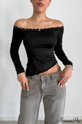 Lace Trimmed Off Shoulder Slim Long Sleeve Tee image 1