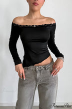 Lace Trimmed Off Shoulder Slim Long Sleeve Tee image 1