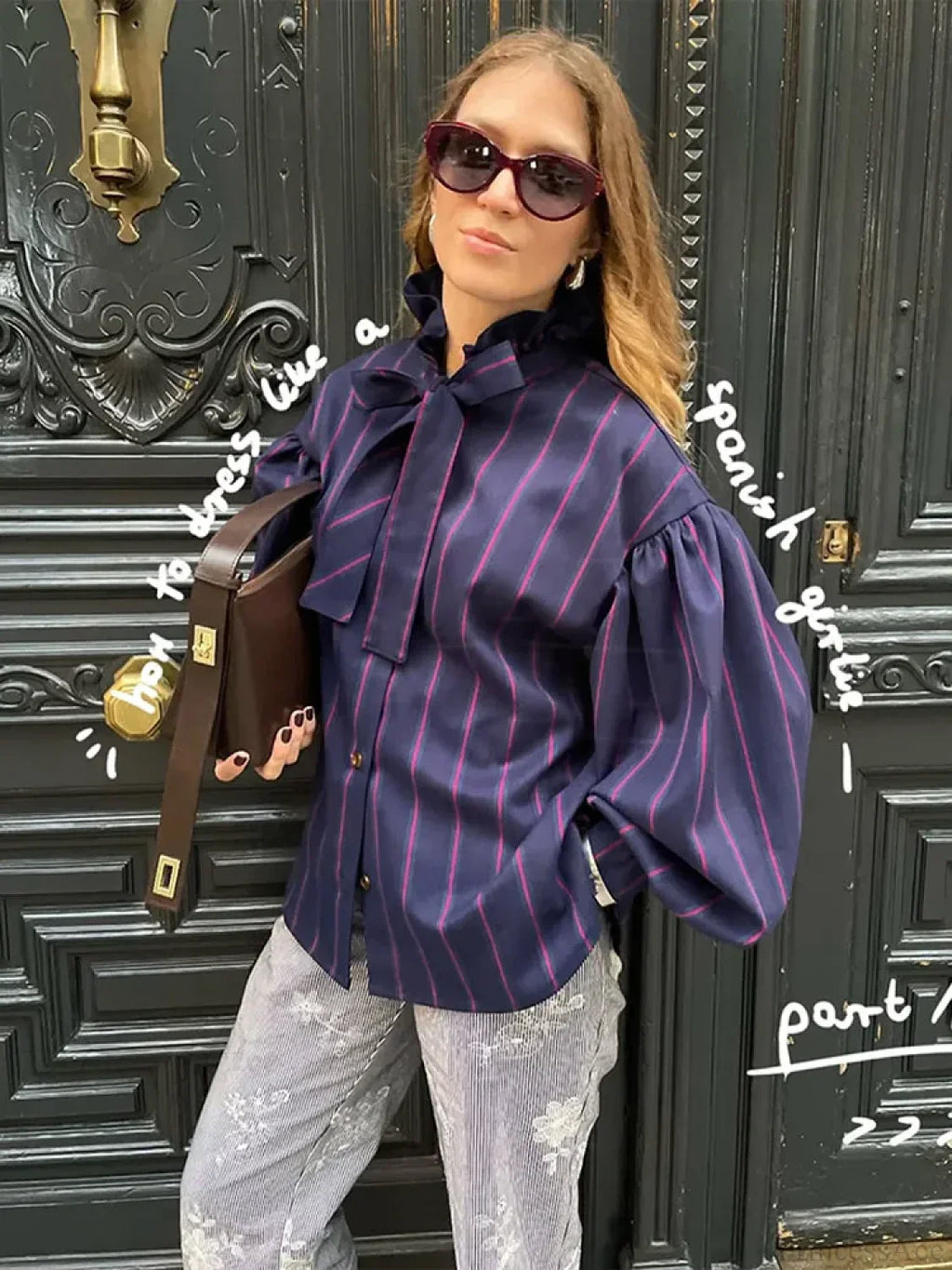 Lace Up Collision Striped Round Neck Blouse image 1