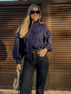 Lace Up Collision Striped Round Neck Blouse image 5