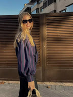 Lace Up Collision Striped Round Neck Blouse image 6