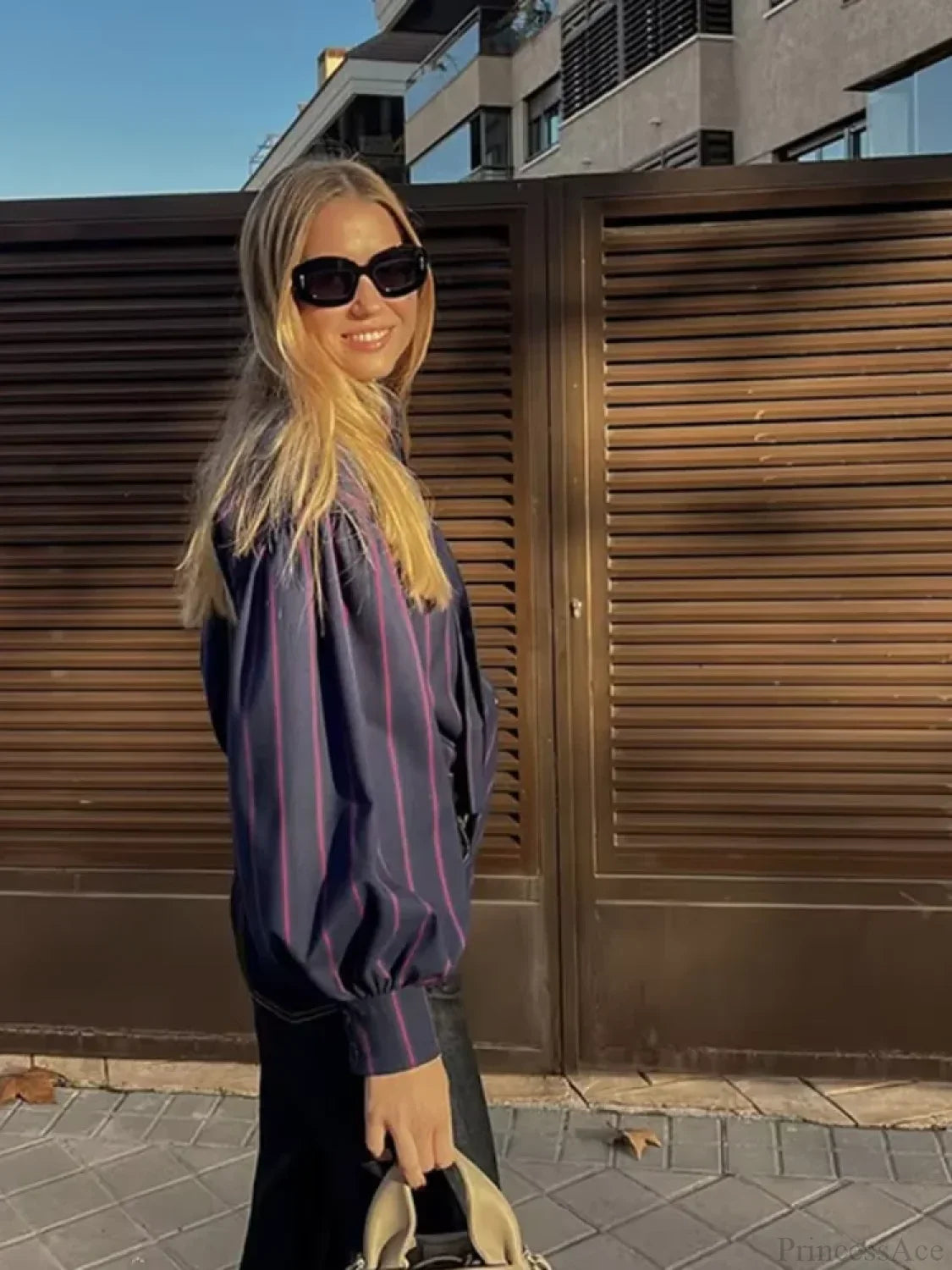 Lace Up Collision Striped Round Neck Blouse image 6