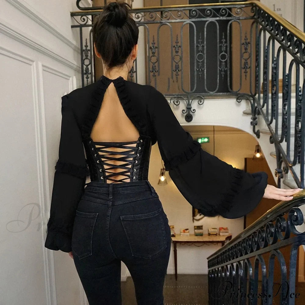Lace Up Corset Charming Long Sleeve Blouse image 2