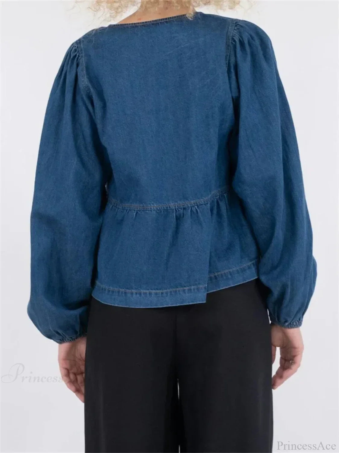 Lace-Up Denim V-neck Blouse image 2