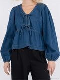 Lace-Up Denim V-neck Blouse image 1