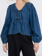 Lace-Up Denim V-neck Blouse image 1