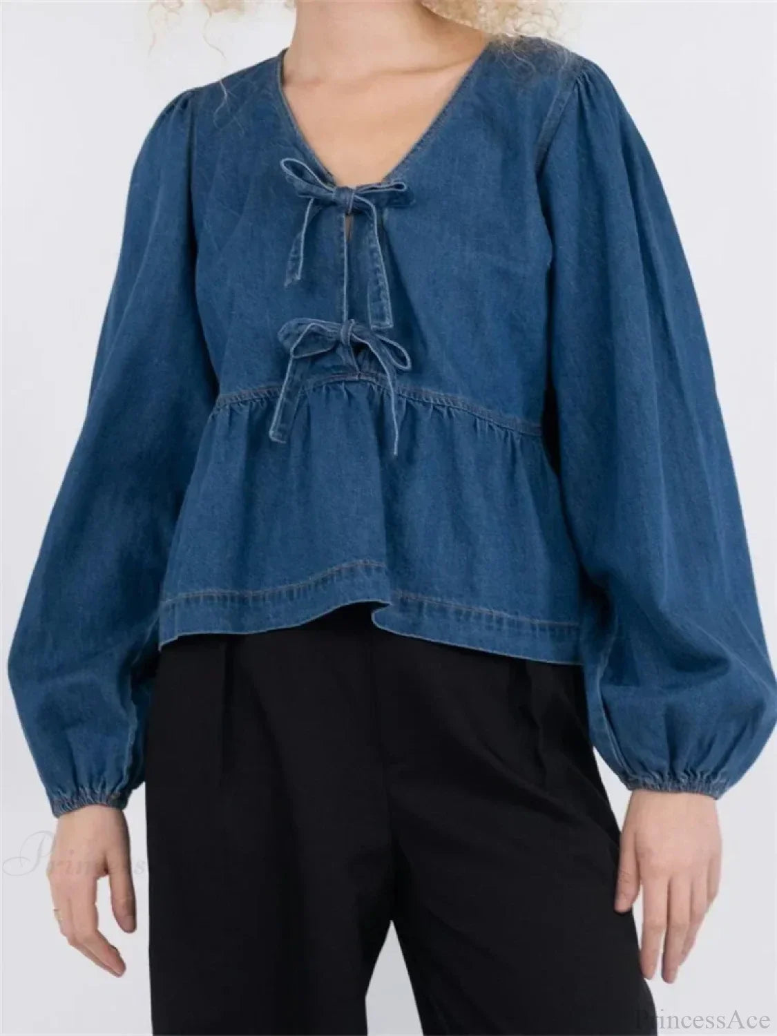 Lace-Up Denim V-neck Blouse image 1
