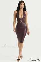 Lace-Up Faux Leather Charming Halter Midi Dress image 4