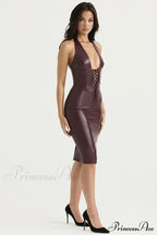 Lace-Up Faux Leather Charming Halter Midi Dress image 6
