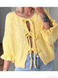 Lace-Up Petal Sleeve Thick Knit O-Neck Cardigan image 1